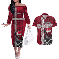 Denmark Viking Longship Couples Matching Off The Shoulder Long Sleeve Dress and Hawaiian Shirt Norse Rune & Celtic Cross Danish Flag