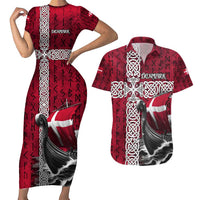 Denmark Viking Longship Couples Matching Short Sleeve Bodycon Dress and Hawaiian Shirt Norse Rune & Celtic Cross Danish Flag