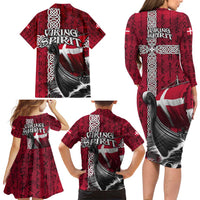Denmark Viking Longship Family Matching Long Sleeve Bodycon Dress and Hawaiian Shirt Norse Rune & Celtic Cross Danish Flag