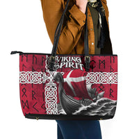 Denmark Viking Longship Leather Tote Bag Norse Rune & Celtic Cross Danish Flag