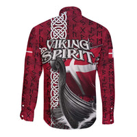 Denmark Viking Longship Long Sleeve Button Shirt Norse Rune & Celtic Cross Danish Flag
