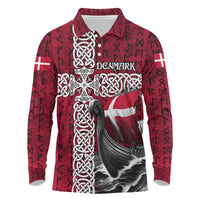 Denmark Viking Longship Long Sleeve Polo Shirt Norse Rune & Celtic Cross Danish Flag