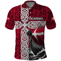 Denmark Viking Longship Polo Shirt Norse Rune & Celtic Cross Danish Flag