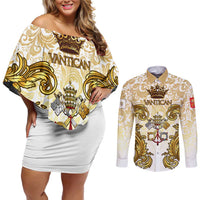 Vatican Gold Baroque Couples Matching Off Shoulder Short Dress and Long Sleeve Button Shirt Papal Crown & Keys Vintage Catholic