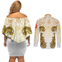 Vatican Gold Baroque Couples Matching Off Shoulder Short Dress and Long Sleeve Button Shirt Papal Crown & Keys Vintage Catholic