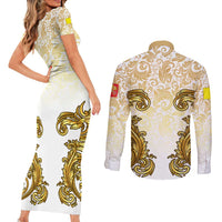 Vatican Gold Baroque Couples Matching Short Sleeve Bodycon Dress and Long Sleeve Button Shirt Papal Crown & Keys Vintage Catholic