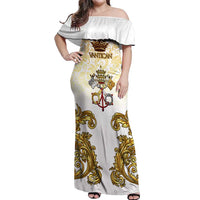 Vatican Gold Baroque Off Shoulder Maxi Dress Papal Crown & Keys Vintage Catholic