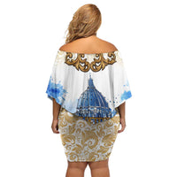 Vatican Baroque Off Shoulder Short Dress St. Peter’s Basilica & Catholic Flag Gold Ornate