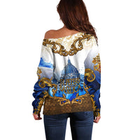 Vatican Baroque Off Shoulder Sweater St. Peter’s Basilica & Catholic Flag Gold Ornate