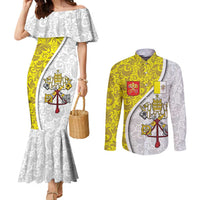 Vatican City Couples Matching Mermaid Dress and Long Sleeve Button Shirt Papal Keys & Tiara Emblem with Gold Baroque Pattern