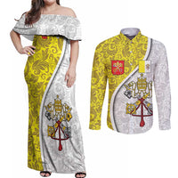 Vatican City Couples Matching Off Shoulder Maxi Dress and Long Sleeve Button Shirt Papal Keys & Tiara Emblem with Gold Baroque Pattern