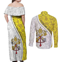 Vatican City Couples Matching Off Shoulder Maxi Dress and Long Sleeve Button Shirt Papal Keys & Tiara Emblem with Gold Baroque Pattern