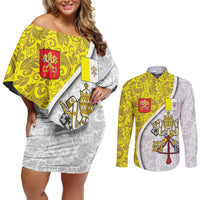 Vatican City Couples Matching Off Shoulder Short Dress and Long Sleeve Button Shirt Papal Keys & Tiara Emblem with Gold Baroque Pattern