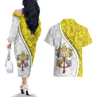 Vatican City Couples Matching Off The Shoulder Long Sleeve Dress and Hawaiian Shirt Papal Keys & Tiara Emblem with Gold Baroque Pattern