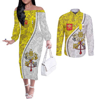 Vatican City Couples Matching Off The Shoulder Long Sleeve Dress and Long Sleeve Button Shirt Papal Keys & Tiara Emblem with Gold Baroque Pattern