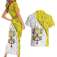 Vatican City Couples Matching Short Sleeve Bodycon Dress and Hawaiian Shirt Papal Keys & Tiara Emblem with Gold Baroque Pattern