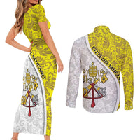 Vatican City Couples Matching Short Sleeve Bodycon Dress and Long Sleeve Button Shirt Papal Keys & Tiara Emblem with Gold Baroque Pattern