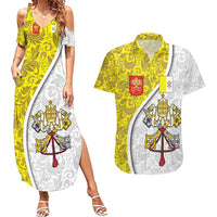 Vatican City Couples Matching Summer Maxi Dress and Hawaiian Shirt Papal Keys & Tiara Emblem with Gold Baroque Pattern