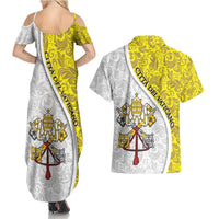 Vatican City Couples Matching Summer Maxi Dress and Hawaiian Shirt Papal Keys & Tiara Emblem with Gold Baroque Pattern