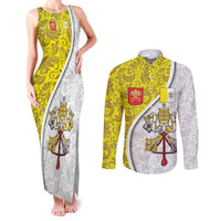 Vatican City Couples Matching Tank Maxi Dress and Long Sleeve Button Shirt Papal Keys & Tiara Emblem with Gold Baroque Pattern