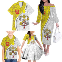 Vatican City Family Matching Off The Shoulder Long Sleeve Dress and Hawaiian Shirt Papal Keys & Tiara Emblem with Gold Baroque Pattern