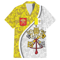 Vatican City Family Matching Off The Shoulder Long Sleeve Dress and Hawaiian Shirt Papal Keys & Tiara Emblem with Gold Baroque Pattern