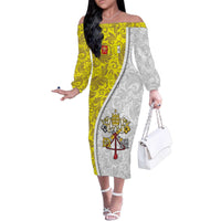Vatican City Family Matching Off The Shoulder Long Sleeve Dress and Hawaiian Shirt Papal Keys & Tiara Emblem with Gold Baroque Pattern