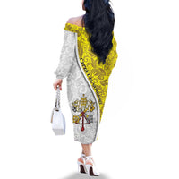 Vatican City Family Matching Off The Shoulder Long Sleeve Dress and Hawaiian Shirt Papal Keys & Tiara Emblem with Gold Baroque Pattern