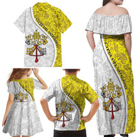 Vatican City Family Matching Off Shoulder Maxi Dress and Hawaiian Shirt Papal Keys & Tiara Emblem with Gold Baroque Pattern