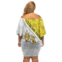 Vatican City Family Matching Off Shoulder Short Dress and Hawaiian Shirt Papal Keys & Tiara Emblem with Gold Baroque Pattern