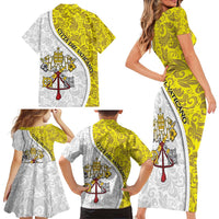 Vatican City Family Matching Short Sleeve Bodycon Dress and Hawaiian Shirt Papal Keys & Tiara Emblem with Gold Baroque Pattern