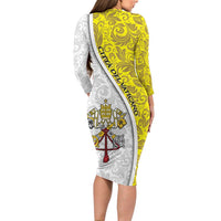 Vatican City Long Sleeve Bodycon Dress Papal Keys & Tiara Emblem with Gold Baroque Pattern