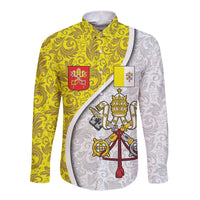 Vatican City Long Sleeve Button Shirt Papal Keys & Tiara Emblem with Gold Baroque Pattern