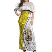 Vatican City Off Shoulder Maxi Dress Papal Keys & Tiara Emblem with Gold Baroque Pattern