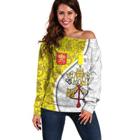 Vatican City Off Shoulder Sweater Papal Keys & Tiara Emblem with Gold Baroque Pattern