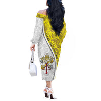 Vatican City Off The Shoulder Long Sleeve Dress Papal Keys & Tiara Emblem with Gold Baroque Pattern