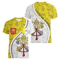Vatican City Women V-Neck T-Shirt Papal Keys & Tiara Emblem with Gold Baroque Pattern