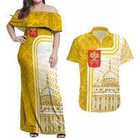 Vatican City Couples Matching Off Shoulder Maxi Dress and Hawaiian Shirt St. Peter’s Basilica & Papal Emblem Gold Ornate Architecture