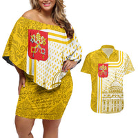 Vatican City Couples Matching Off Shoulder Short Dress and Hawaiian Shirt St. Peter’s Basilica & Papal Emblem Gold Ornate Architecture
