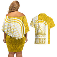 Vatican City Couples Matching Off Shoulder Short Dress and Hawaiian Shirt St. Peter’s Basilica & Papal Emblem Gold Ornate Architecture