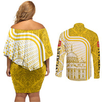 Vatican City Couples Matching Off Shoulder Short Dress and Long Sleeve Button Shirt St. Peter’s Basilica & Papal Emblem Gold Ornate Architecture