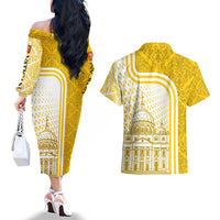 Vatican City Couples Matching Off The Shoulder Long Sleeve Dress and Hawaiian Shirt St. Peter’s Basilica & Papal Emblem Gold Ornate Architecture