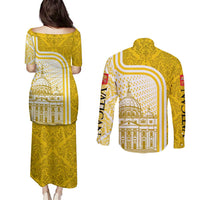 Vatican City Couples Matching Puletasi and Long Sleeve Button Shirt St. Peter’s Basilica & Papal Emblem Gold Ornate Architecture