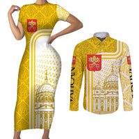 Vatican City Couples Matching Short Sleeve Bodycon Dress and Long Sleeve Button Shirt St. Peter’s Basilica & Papal Emblem Gold Ornate Architecture