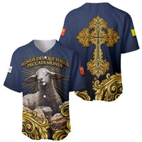 Agnus Dei Lamb of God Baseball Jersey Latin Catholic Art with Gold Baroque Accents