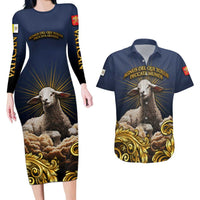 Agnus Dei Lamb of God Couples Matching Long Sleeve Bodycon Dress and Hawaiian Shirt Latin Catholic Art with Gold Baroque Accents