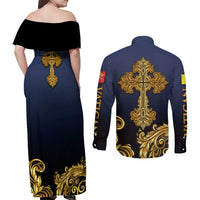 Agnus Dei Lamb of God Couples Matching Off Shoulder Maxi Dress and Long Sleeve Button Shirt Latin Catholic Art with Gold Baroque Accents