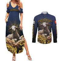Agnus Dei Lamb of God Couples Matching Summer Maxi Dress and Long Sleeve Button Shirt Latin Catholic Art with Gold Baroque Accents