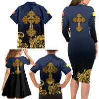 Agnus Dei Lamb of God Family Matching Long Sleeve Bodycon Dress and Hawaiian Shirt Latin Catholic Art with Gold Baroque Accents