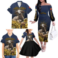Agnus Dei Lamb of God Family Matching Off The Shoulder Long Sleeve Dress and Hawaiian Shirt Latin Catholic Art with Gold Baroque Accents